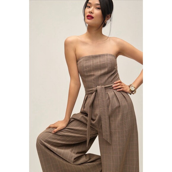 Anthropologie Corey Lynn Calter Jumpsuit Wide Leg Plaid Strapless Retro XL NWT